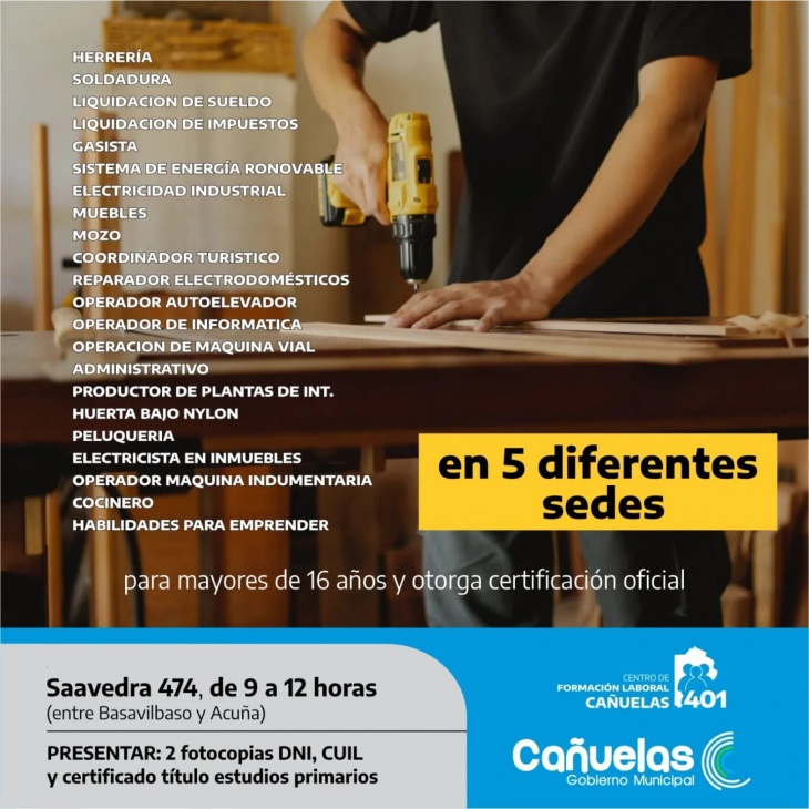 Cursos de oficios gratis en Cañuelas.